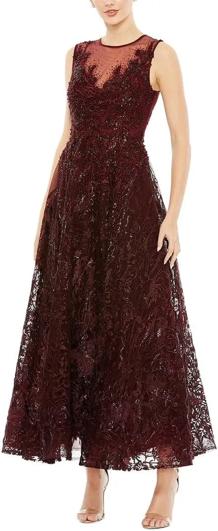 Mac Duggal Womens Embellished Mesh Evening Dress