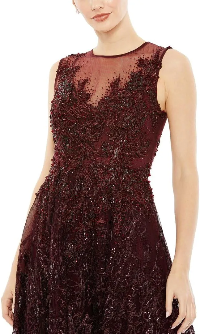 Mac Duggal Womens Embellished Mesh Evening Dress