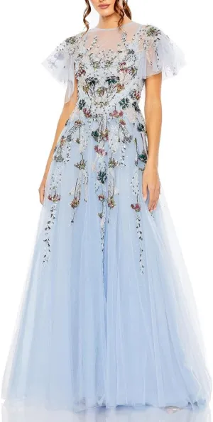 Mac Duggal Womens Embellished Mesh Evening Dress
