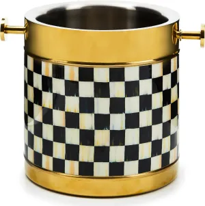 MACKENZIE-CHILDS 3260 Ice Bucket, Decorative Stainless-Steel Bucket and Ice-Cube Bin, Black-and-White Courtly Check Gold