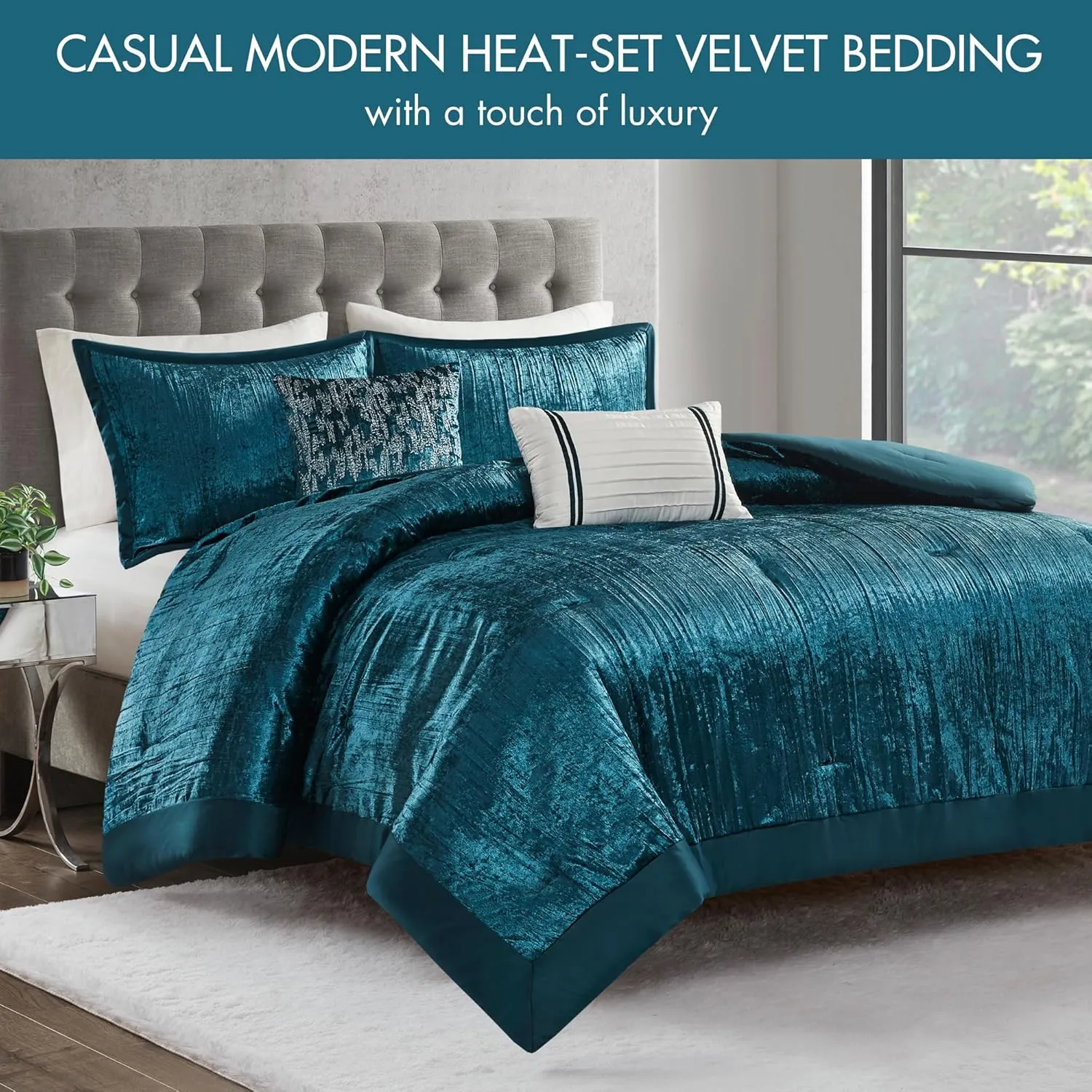 Madison Park King Comforter Set, Luxe Velvet, Satin Binding Comforter for a King-Size Bed, Cozy Velvet Comforters, All Seasons, Lightweight, Down Alternative Bedding, King/Cal King, Teal 5 Piece