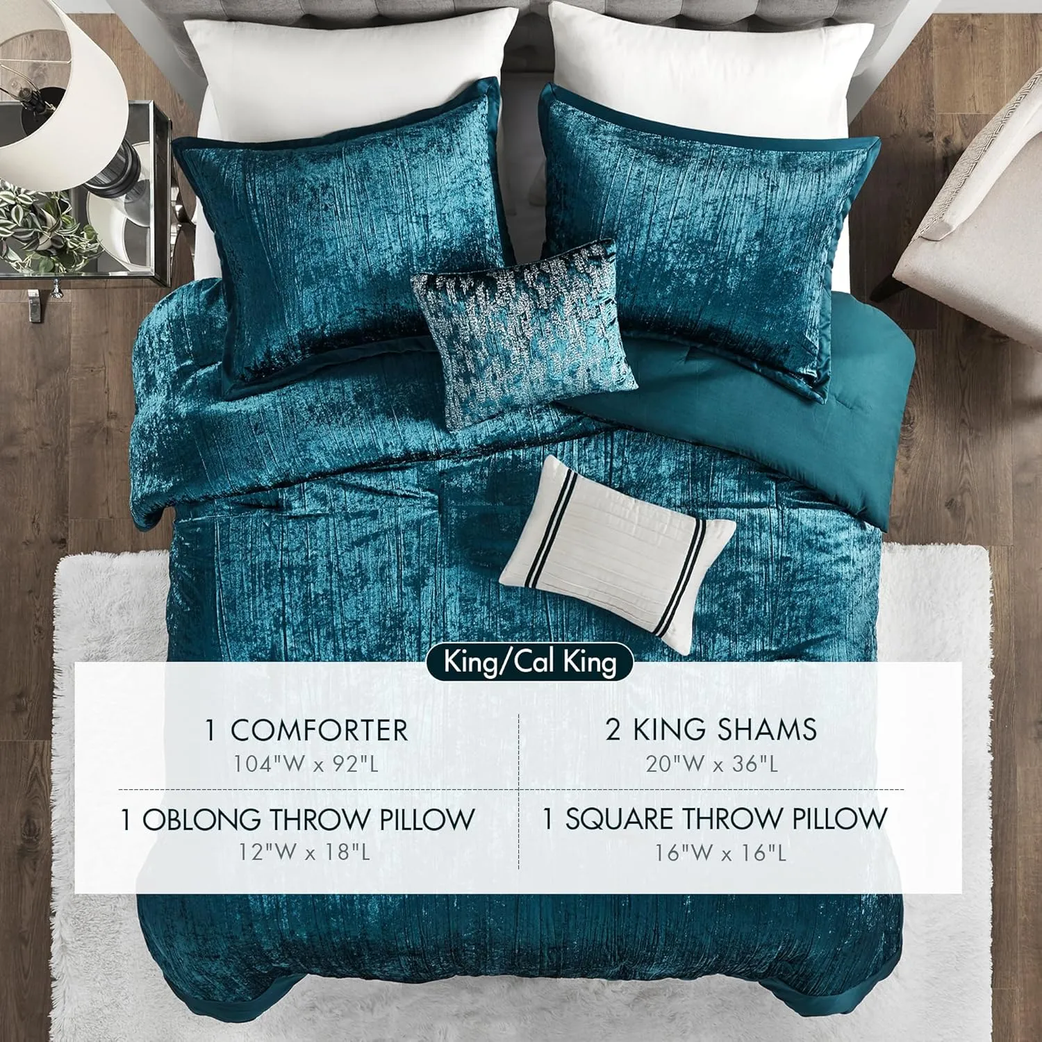 Madison Park King Comforter Set, Luxe Velvet, Satin Binding Comforter for a King-Size Bed, Cozy Velvet Comforters, All Seasons, Lightweight, Down Alternative Bedding, King/Cal King, Teal 5 Piece