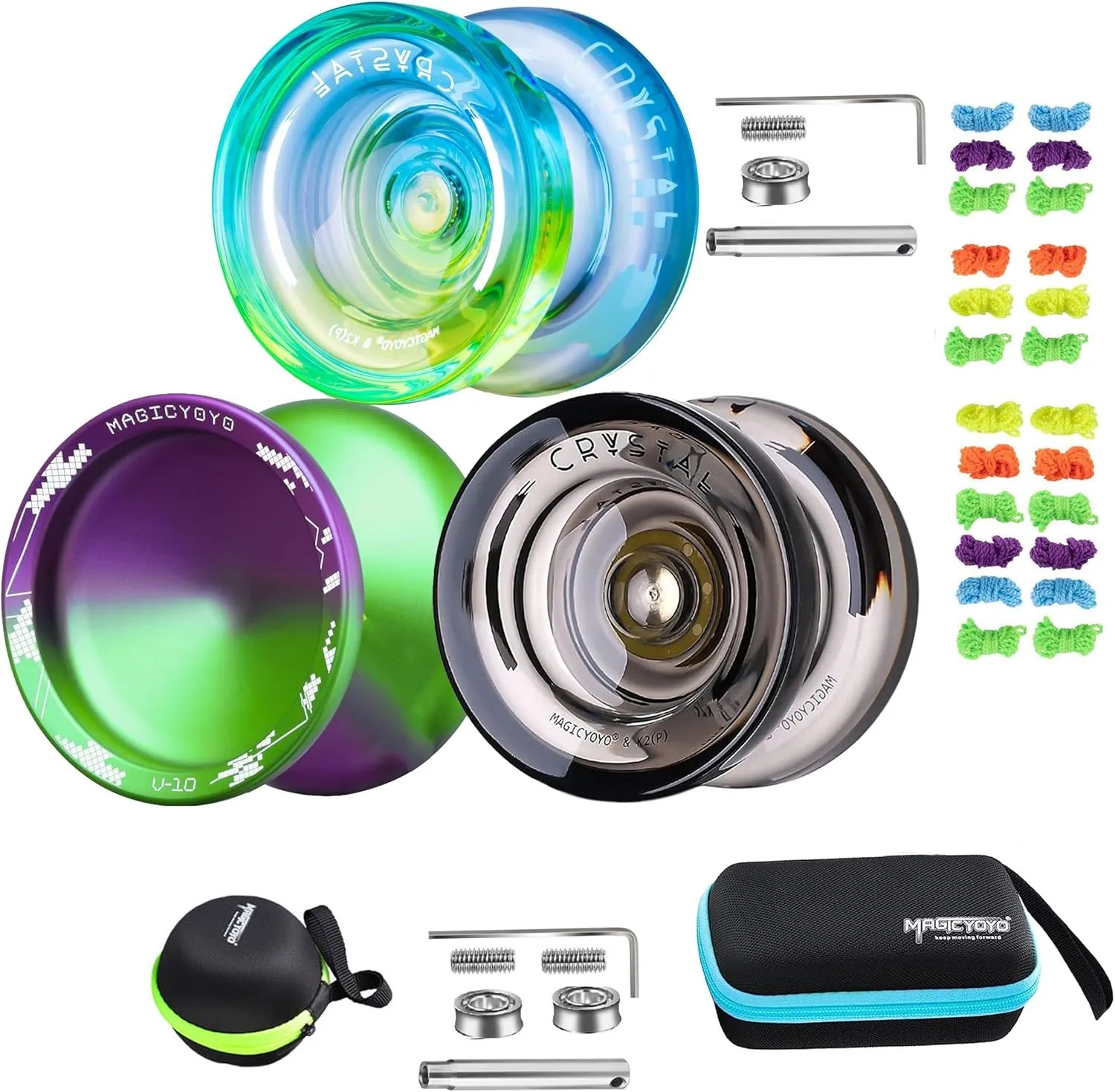 MAGICYOYO Pack of 2 Yoyos - V10 Purple Green Unresponsive Yoyo & K2 Crystal Black Dual Purpose Yoyo  K2 Crystal Blue Yellow Dual Purpose Yoyo