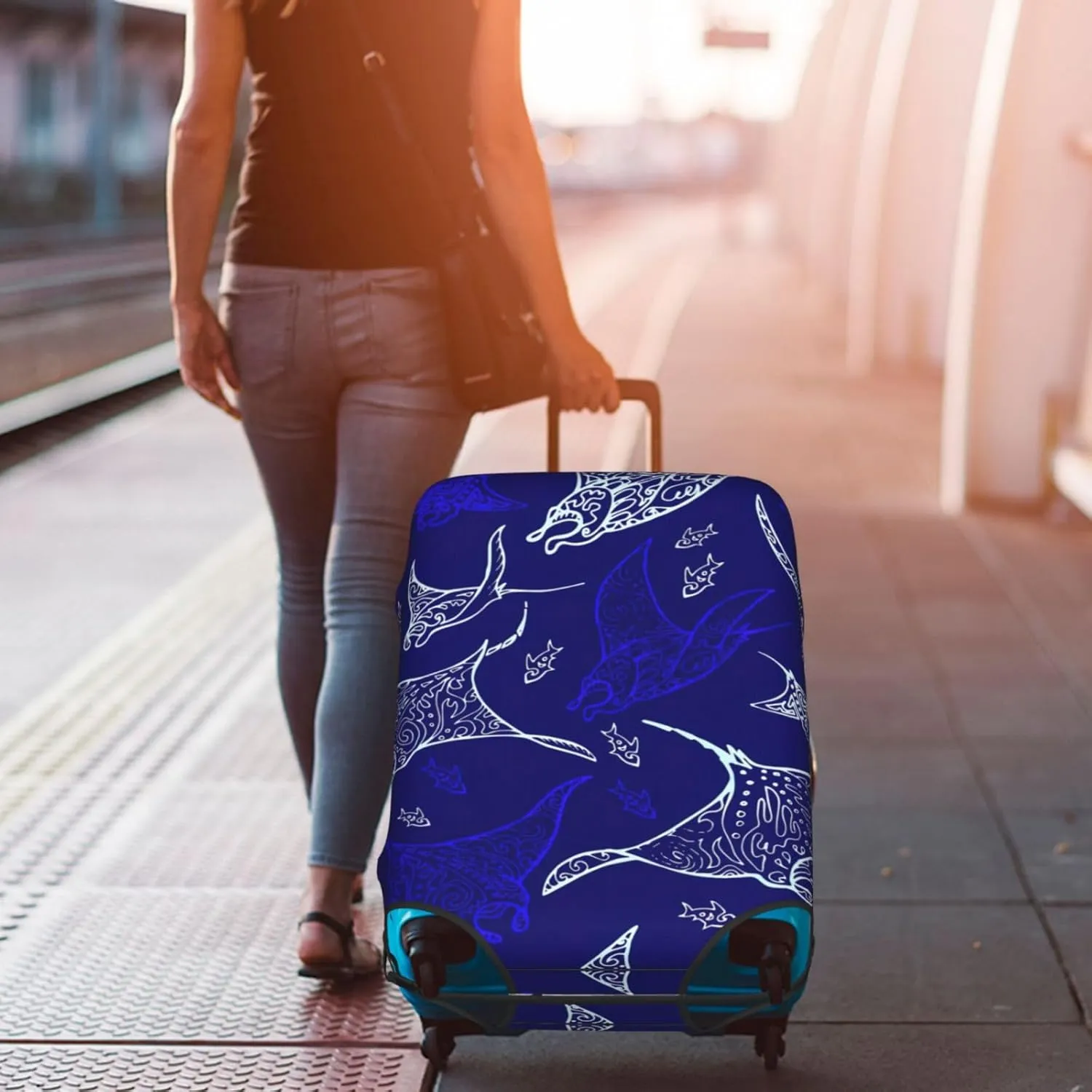Manta Ray And Fish Print Luggage Cover For Suitcases, Elastic Travel Bag For Luggage, Stylish Design