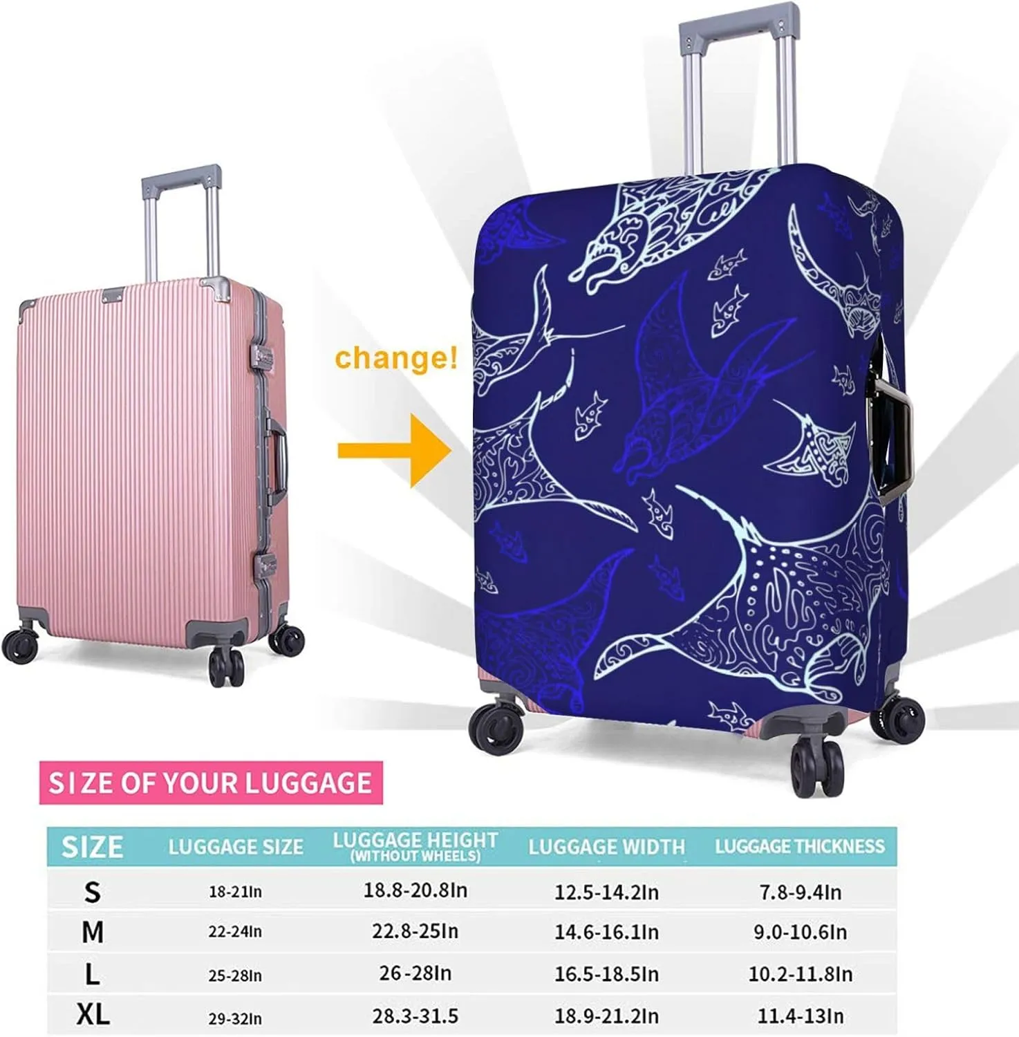Manta Ray And Fish Print Luggage Cover For Suitcases, Elastic Travel Bag For Luggage, Stylish Design