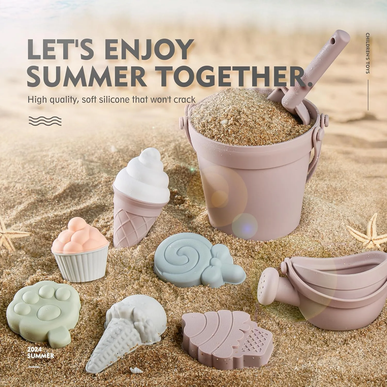 MarcZero 17Pcs Silicone Beach Toys,Modern Baby Beach Toys,Travel Friendly Beach Set,Silicone Bucket, Watering Can, Shovel, 12 Sand Molds, Beach Bag,Silicone Sand Toys for Toddlers, Kids (Pink)