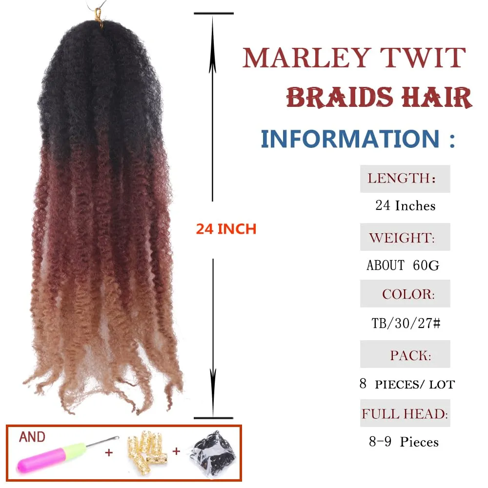 Marley Crochet Braids Hair 24 Inch 8 Packs Afro Kinky Marley Twist Braiding Hair Synthetic Curly Twist Marley Hair Long Springy Afro Twist Hair Extensions (TB/30/27#, 24 Inch (Pack of 8))