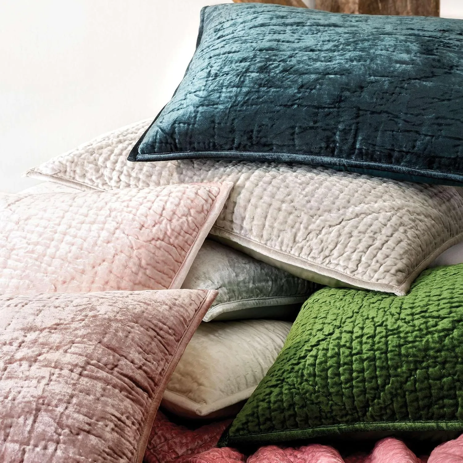 Matte Velvet Juniper Quilted Pillow Sham, Euro Size, Green Solid Pattern