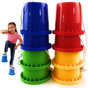 Matty's Toy Stop Bucket Stilts Plastic Balancing Stilts 4.75" (Red, Blue, Green & Yellow) Gift Set Bundle - 4 Pairs (8 Stilts Total)