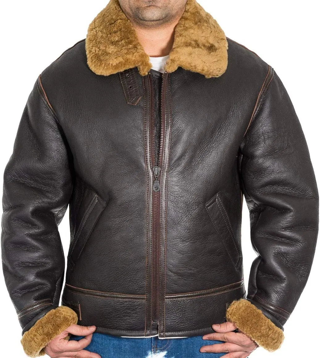 Men Sheepskin Aviator Flying B-3 Bomber Jacket Black Brown, Cream Sheepskin