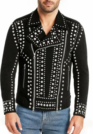 Men’s Brando Studded Punk Motorcycle Biker Black Suede Leather Jacket
