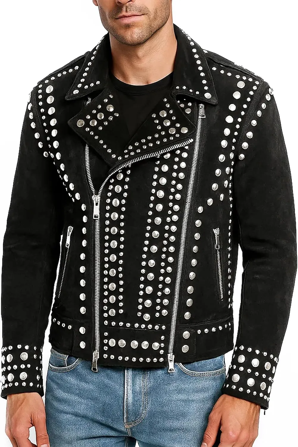 Men’s Brando Studded Punk Motorcycle Biker Black Suede Leather Jacket