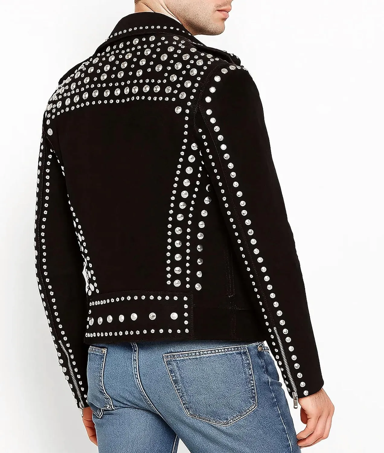 Men’s Brando Studded Punk Motorcycle Biker Black Suede Leather Jacket