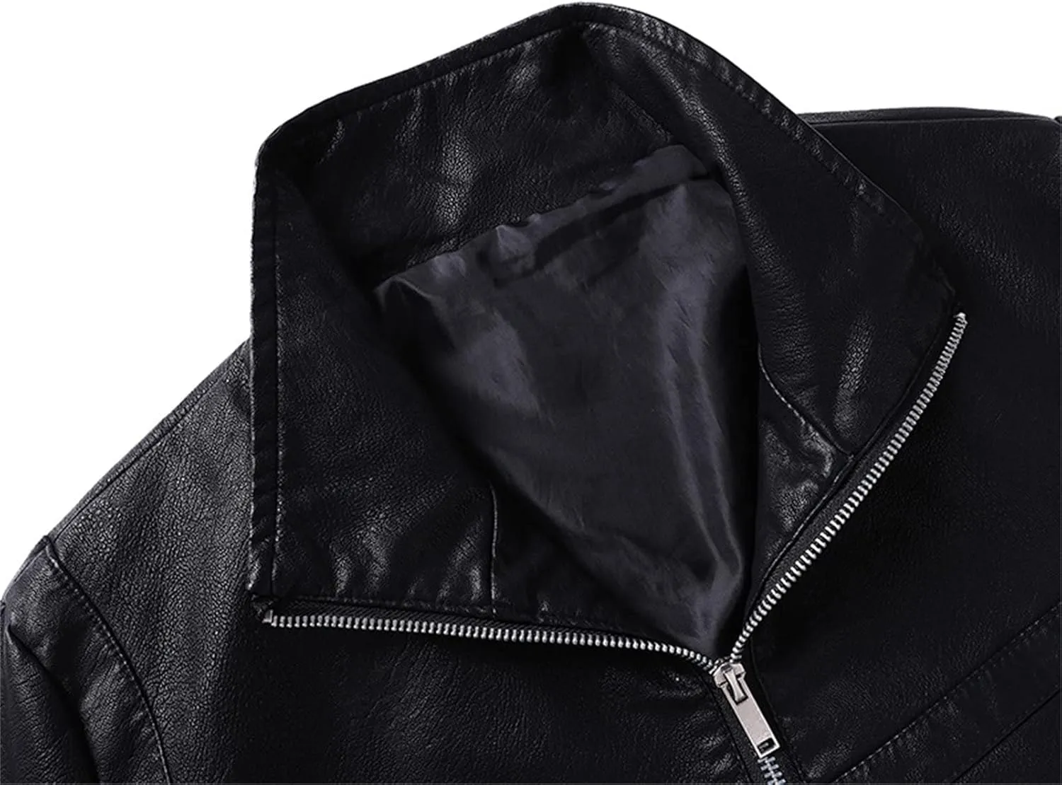 Men's Casual Leather Jacket Men Ribbed Collar Lightweight Biker Leather Coat Male Slim Faux Leather Bomber Jacket