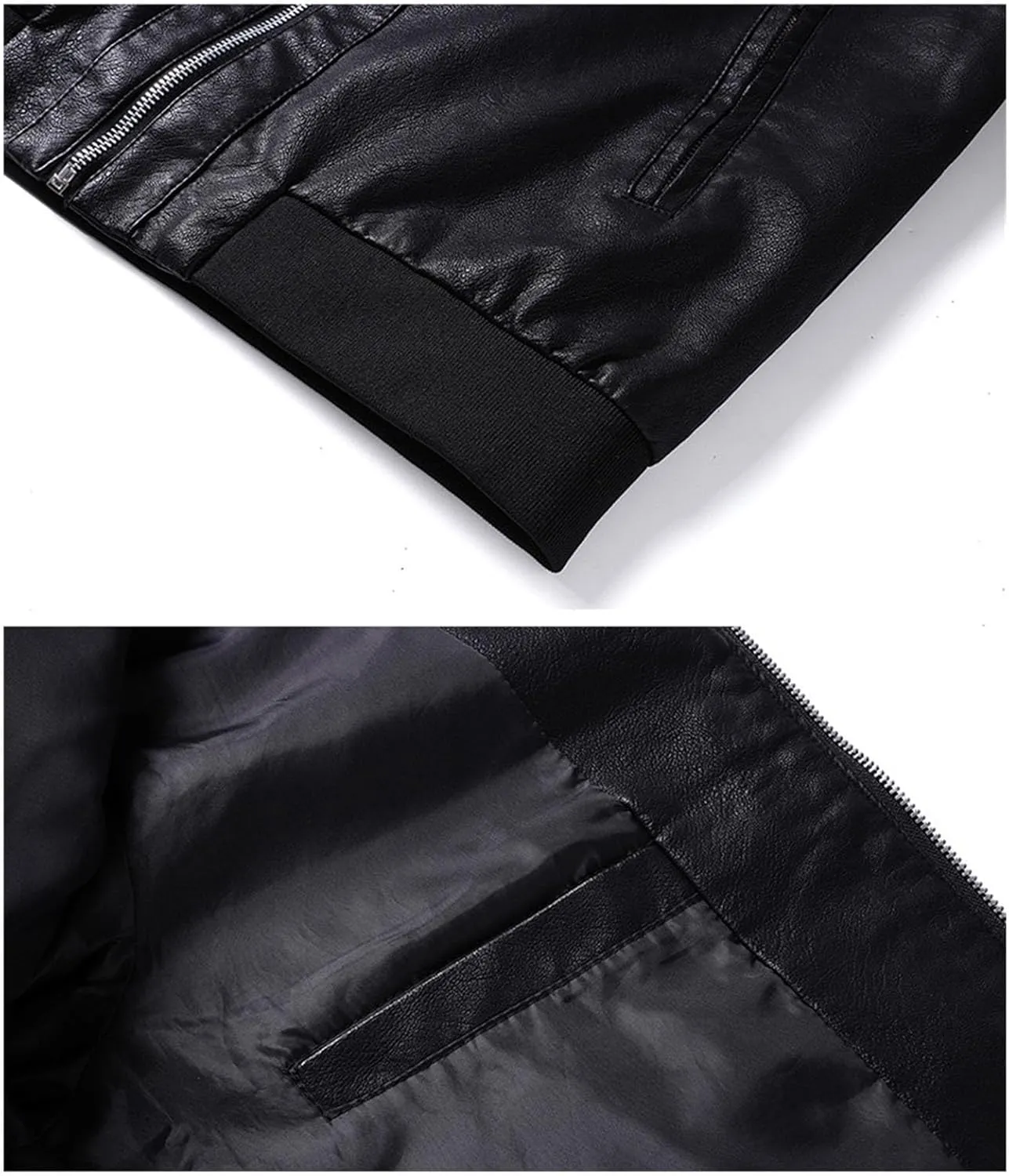 Men's Casual Leather Jacket Men Ribbed Collar Lightweight Biker Leather Coat Male Slim Faux Leather Bomber Jacket