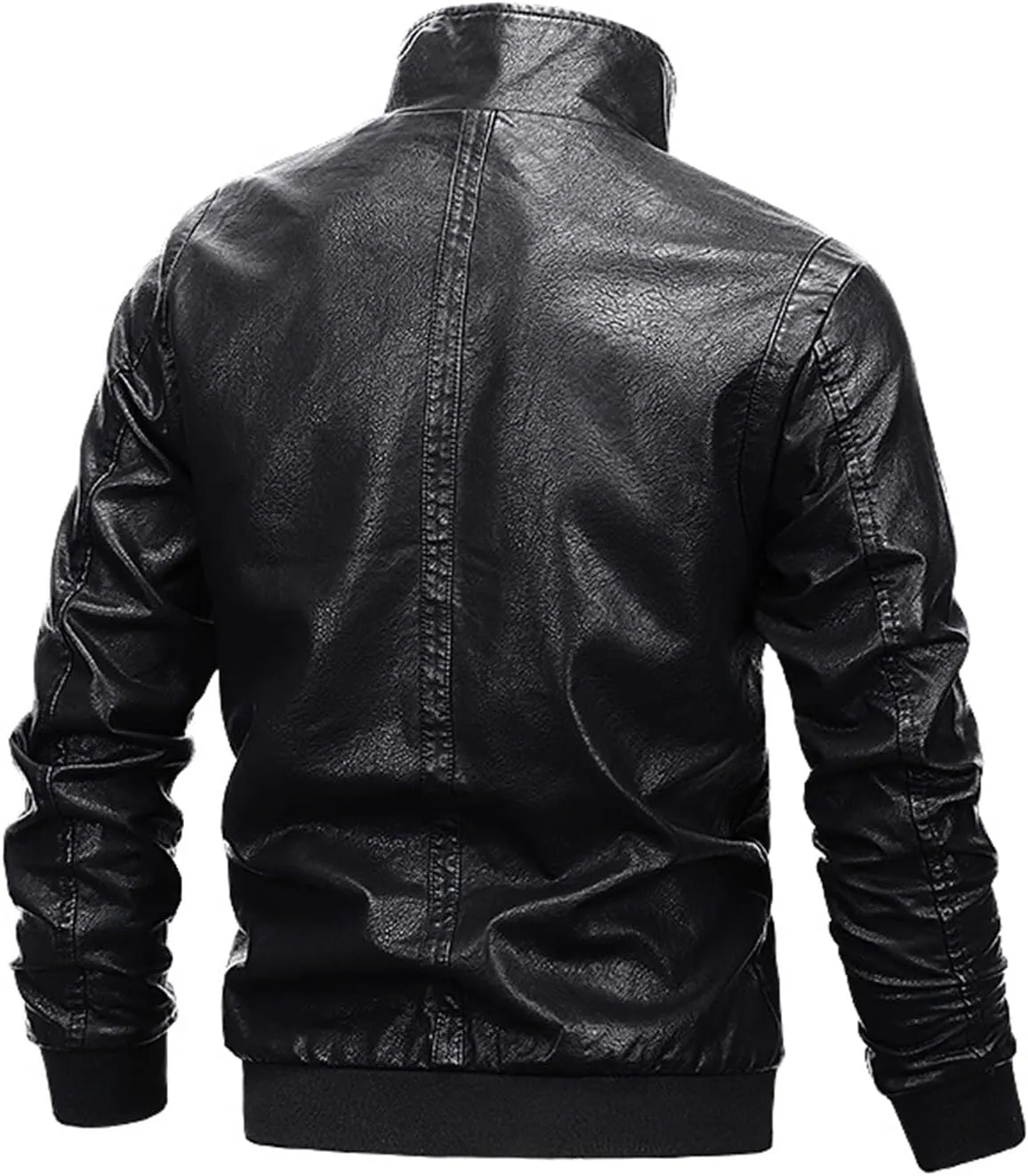 Men's Casual Leather Jacket Men Ribbed Collar Lightweight Biker Leather Coat Male Slim Faux Leather Bomber Jacket
