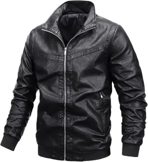 Men's Casual Leather Jacket Men Ribbed Collar Lightweight Biker Leather Coat Male Slim Faux Leather Bomber Jacket
