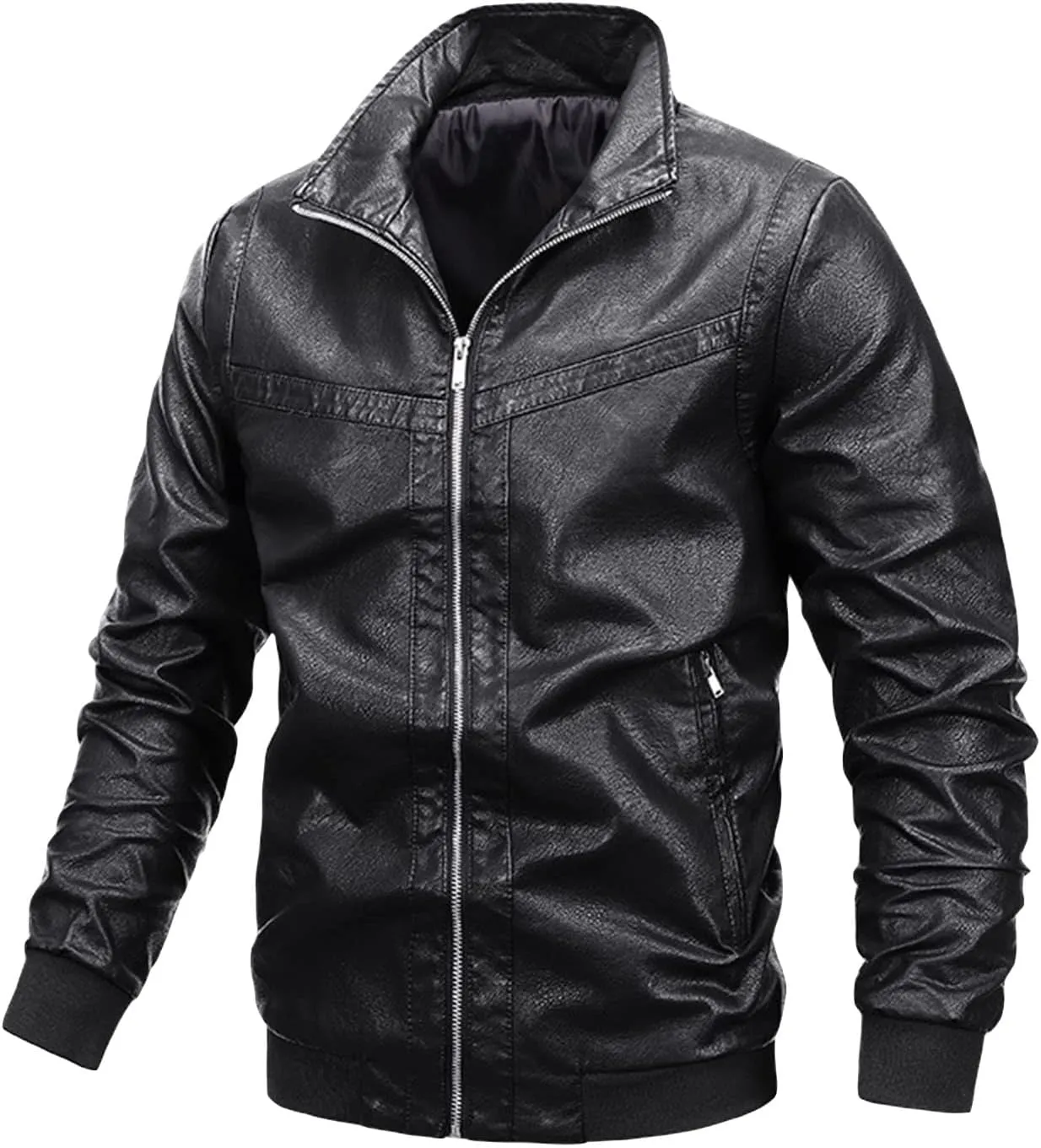 Men's Casual Leather Jacket Men Ribbed Collar Lightweight Biker Leather Coat Male Slim Faux Leather Bomber Jacket