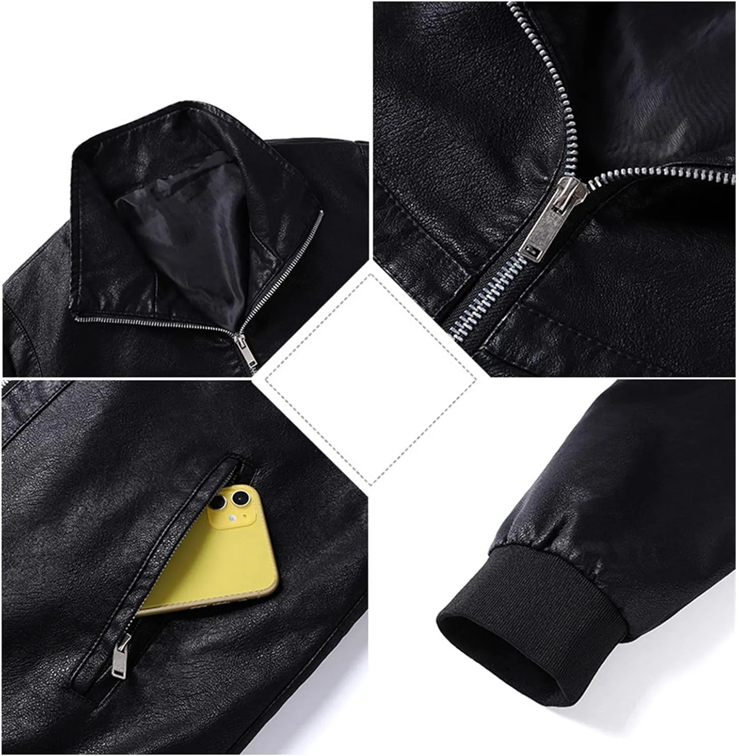 Men's Casual Leather Jacket Men Ribbed Collar Lightweight Biker Leather Coat Male Slim Faux Leather Bomber Jacket