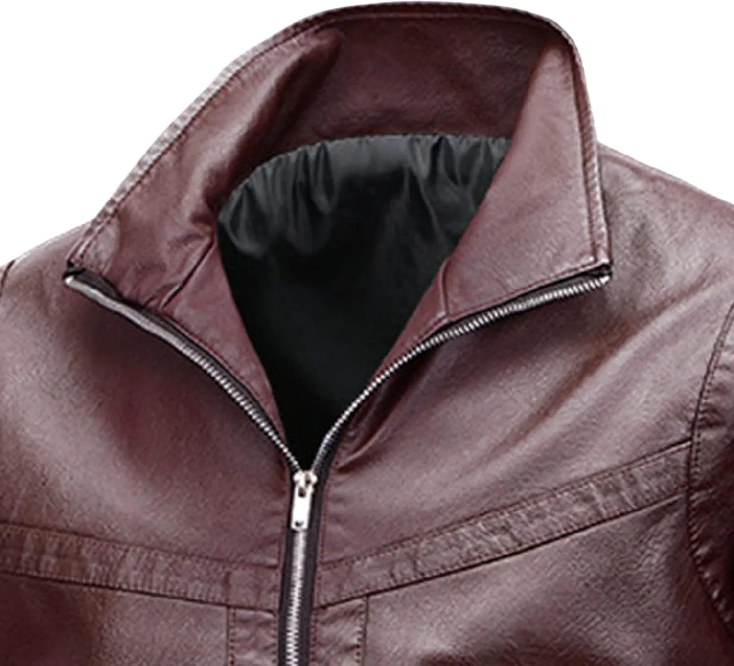 Men's Casual Leather Jacket Men Ribbed Collar Lightweight Biker Leather Coat Male Slim Faux Leather Bomber Jacket