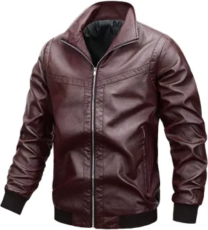 Men's Casual Leather Jacket Men Ribbed Collar Lightweight Biker Leather Coat Male Slim Faux Leather Bomber Jacket