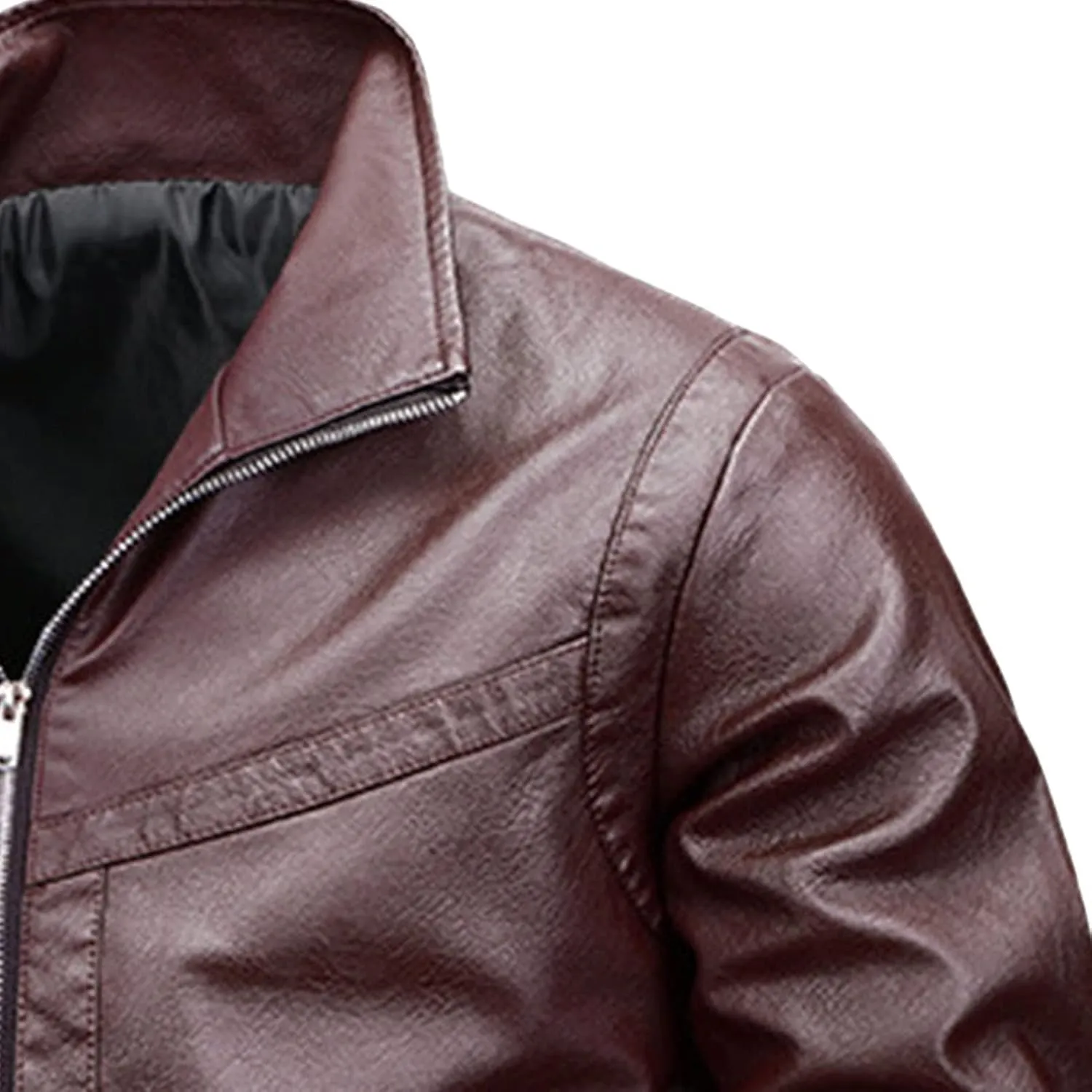 Men's Casual Leather Jacket Men Ribbed Collar Lightweight Biker Leather Coat Male Slim Faux Leather Bomber Jacket