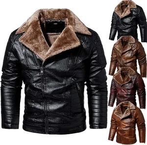 Men's Faux Leather Jacket Fleece Coat Lapel Collar Jackets Aviator Bomber Jackets Faux-Leather Lined Overcoat