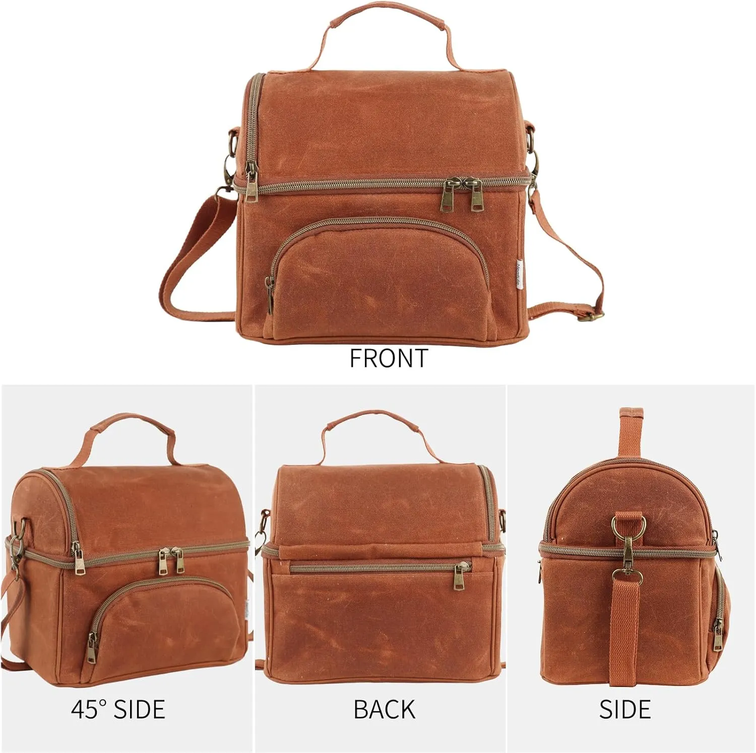 Mens Lunch Box with 2 XL icepacks,Sturdy Waxed Canvas Insulated Lunch Bag for Adult, Dual Compartment Soft Cooler Bag For Work, Picnic, Travel, Outdoors (10.5L) 10"x7"x9.5" (Rustic brown)