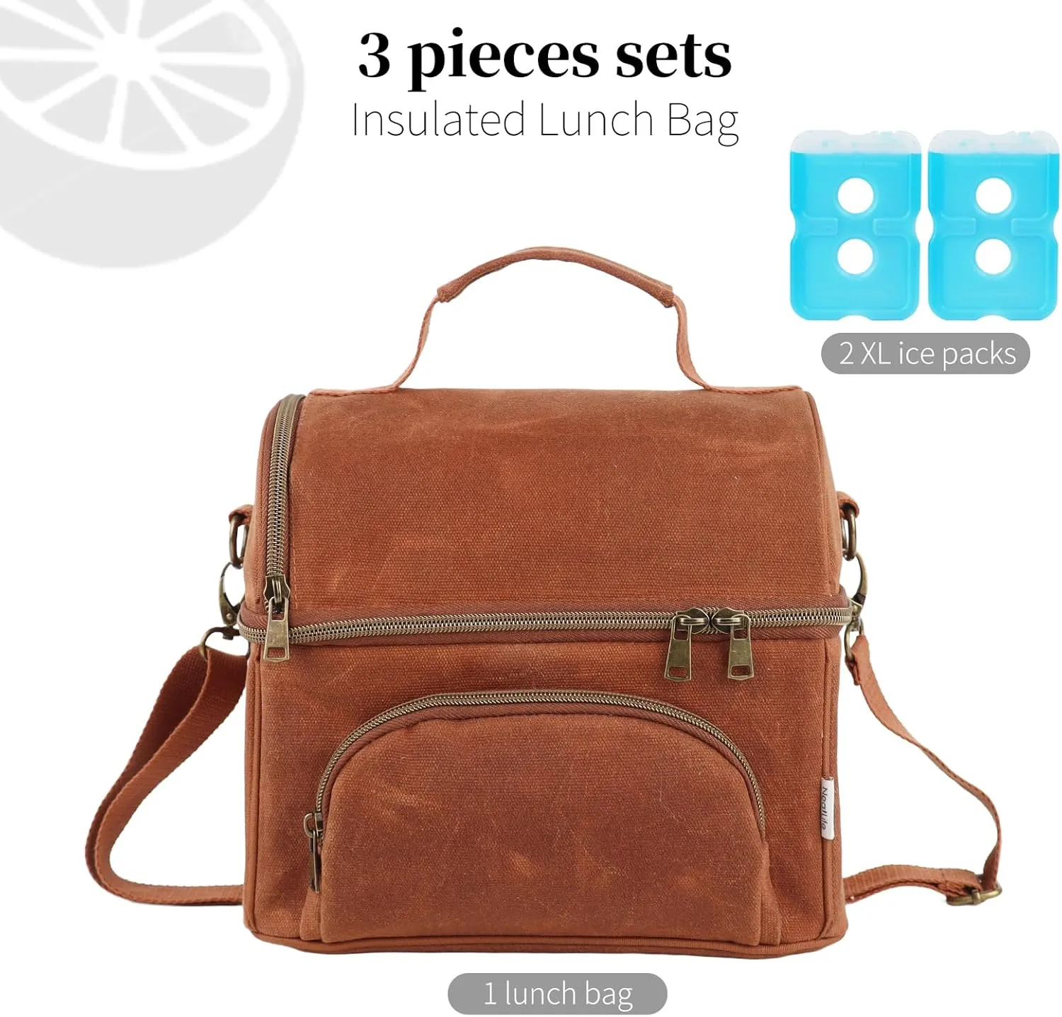 Mens Lunch Box with 2 XL icepacks,Sturdy Waxed Canvas Insulated Lunch Bag for Adult, Dual Compartment Soft Cooler Bag For Work, Picnic, Travel, Outdoors (10.5L) 10"x7"x9.5" (Rustic brown)