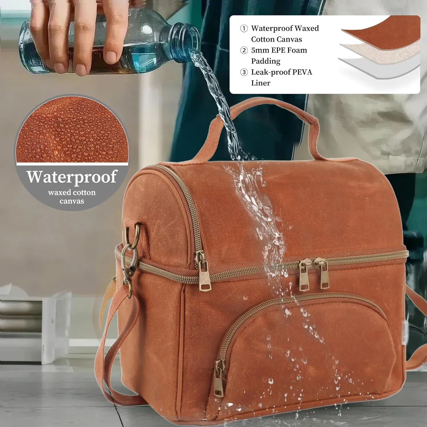 Mens Lunch Box with 2 XL icepacks,Sturdy Waxed Canvas Insulated Lunch Bag for Adult, Dual Compartment Soft Cooler Bag For Work, Picnic, Travel, Outdoors (10.5L) 10"x7"x9.5" (Rustic brown)