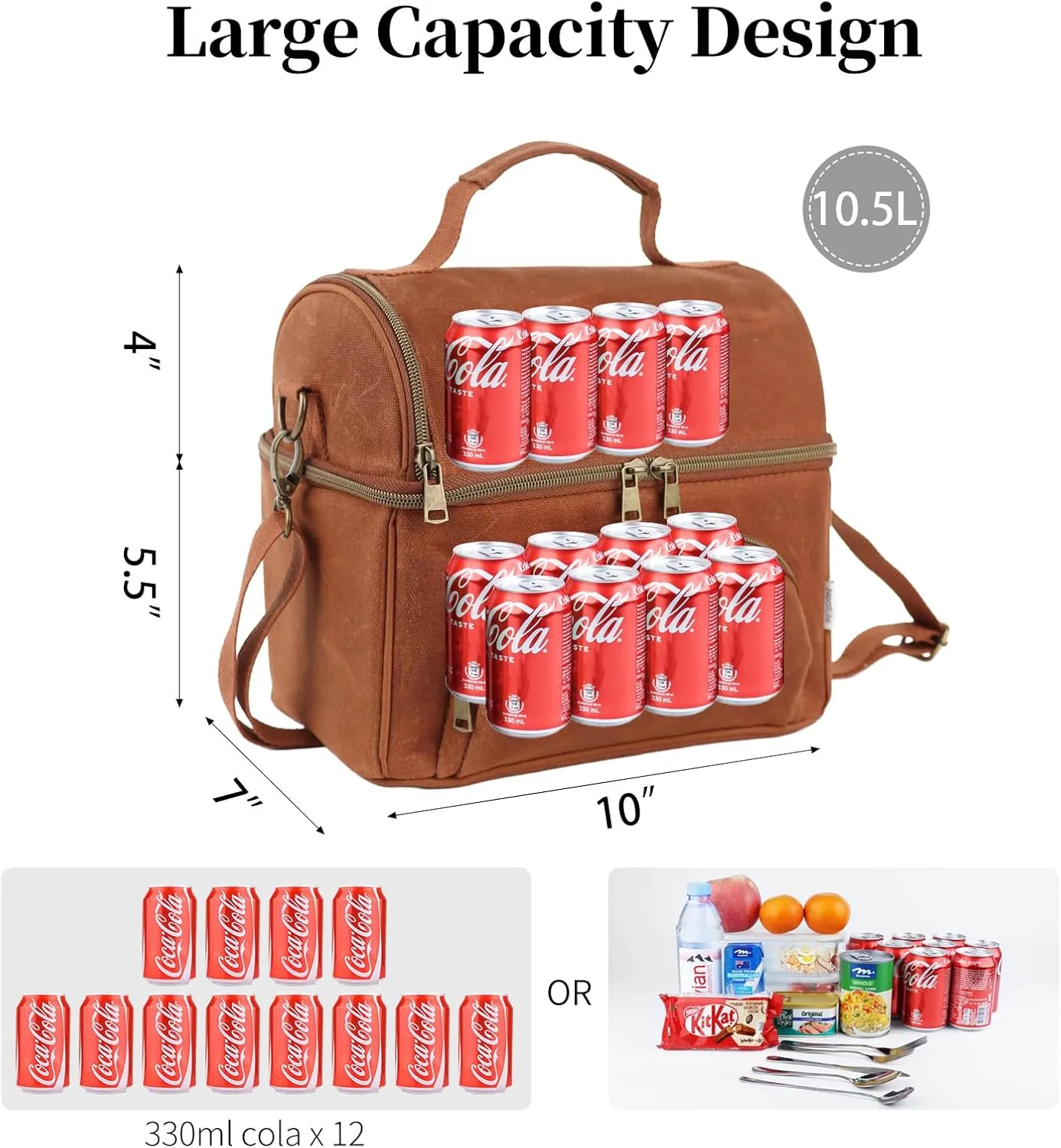Mens Lunch Box with 2 XL icepacks,Sturdy Waxed Canvas Insulated Lunch Bag for Adult, Dual Compartment Soft Cooler Bag For Work, Picnic, Travel, Outdoors (10.5L) 10"x7"x9.5" (Rustic brown)