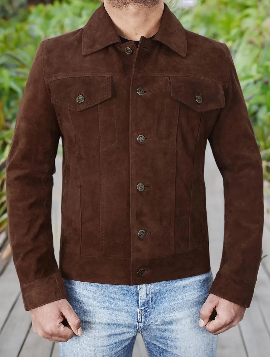 Mens Premium Brown Suede Leather Trucker Jacket - Vintage Classic Motorcycle Western Goat Leather Coat