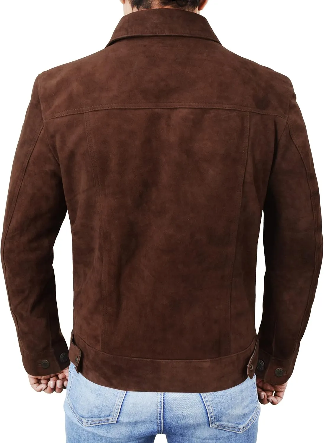 Mens Premium Brown Suede Leather Trucker Jacket - Vintage Classic Motorcycle Western Goat Leather Coat