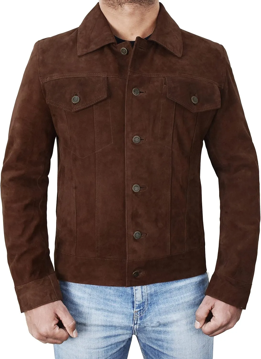 Mens Premium Brown Suede Leather Trucker Jacket - Vintage Classic Motorcycle Western Goat Leather Coat