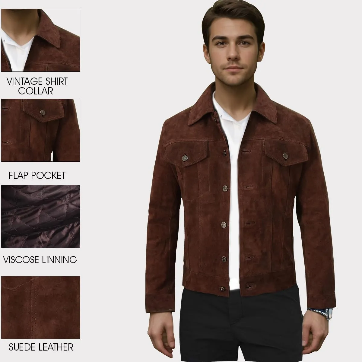 Mens Premium Brown Suede Leather Trucker Jacket - Vintage Classic Motorcycle Western Goat Leather Coat