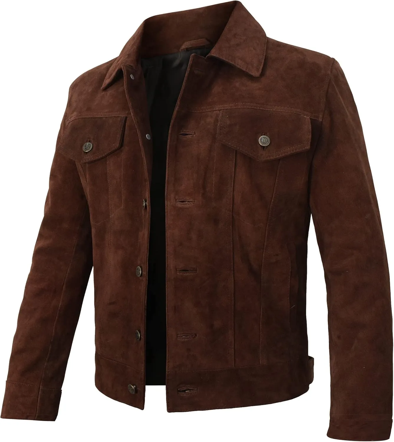 Mens Premium Brown Suede Leather Trucker Jacket - Vintage Classic Motorcycle Western Goat Leather Coat