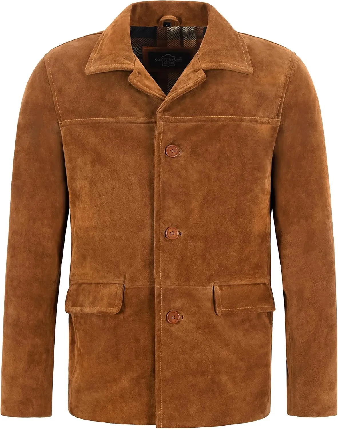 Men’s Real Cow Suede Leather Box Button Fashion Coat Tan Classic Collar Jacket 7742, Tan, 3X-Large