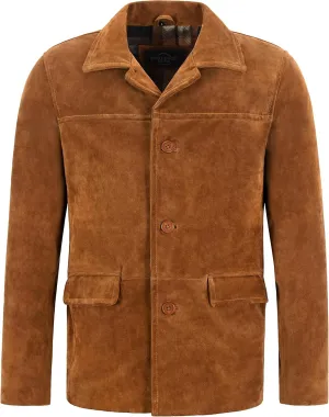 Men’s Real Cow Suede Leather Box Button Fashion Coat Tan Classic Collar Jacket 7742, Tan, 3X-Large