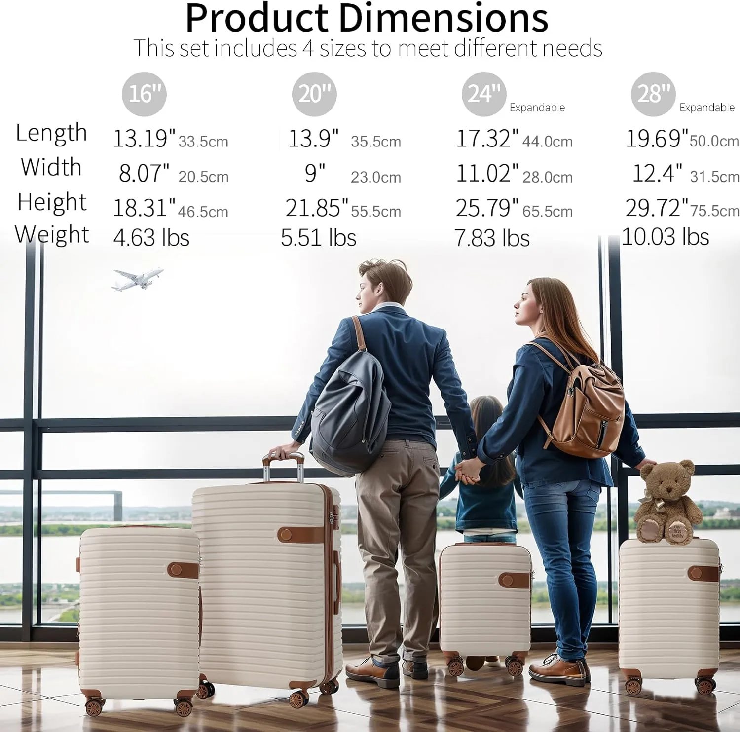 Merax Luggage 4Pc Hardshell Suitcase Sets for Travel, Cream, 16/20/24/28 Inch & 4 Packing Cubes
