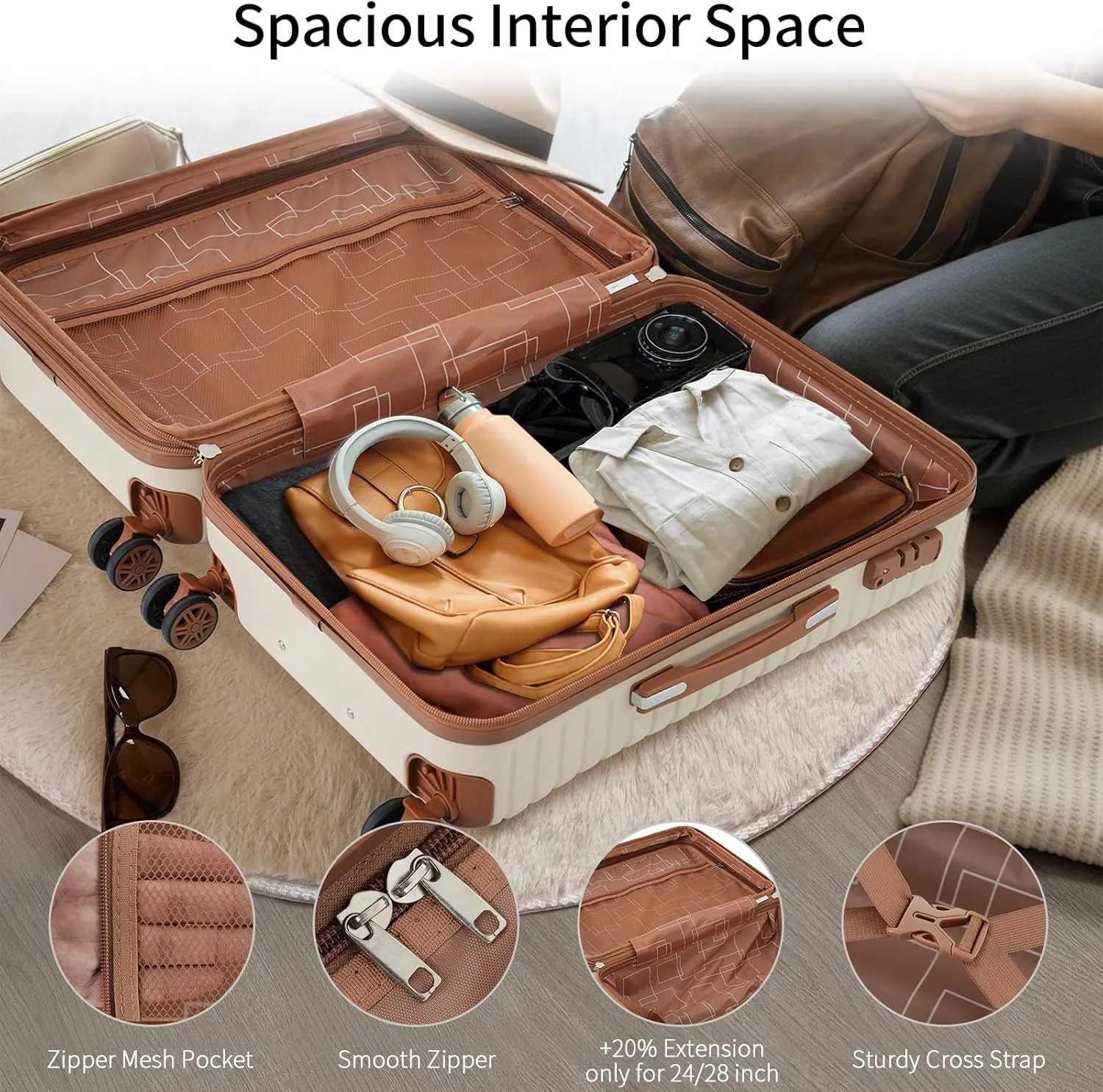 Merax Luggage 4Pc Hardshell Suitcase Sets for Travel, Cream, 16/20/24/28 Inch & 4 Packing Cubes