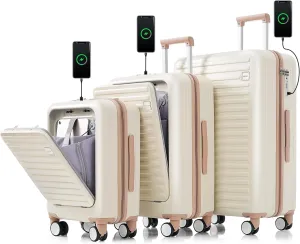Merax Luggage, Hardshell Suit case with Front Pocket Cup Holder USB Port and TSA, Light Ivory, 3-Piece Set
