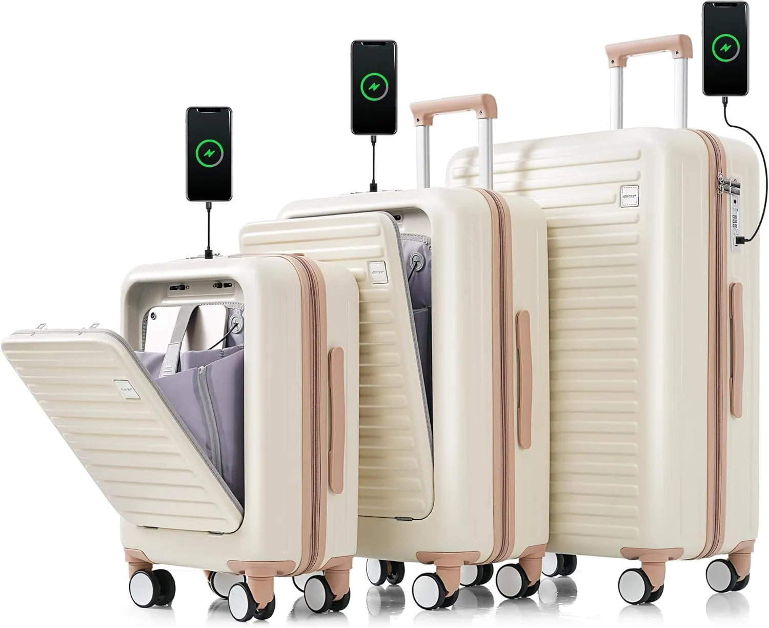 Merax Luggage, Hardshell Suit case with Front Pocket Cup Holder USB Port and TSA, Light Ivory, 3-Piece Set