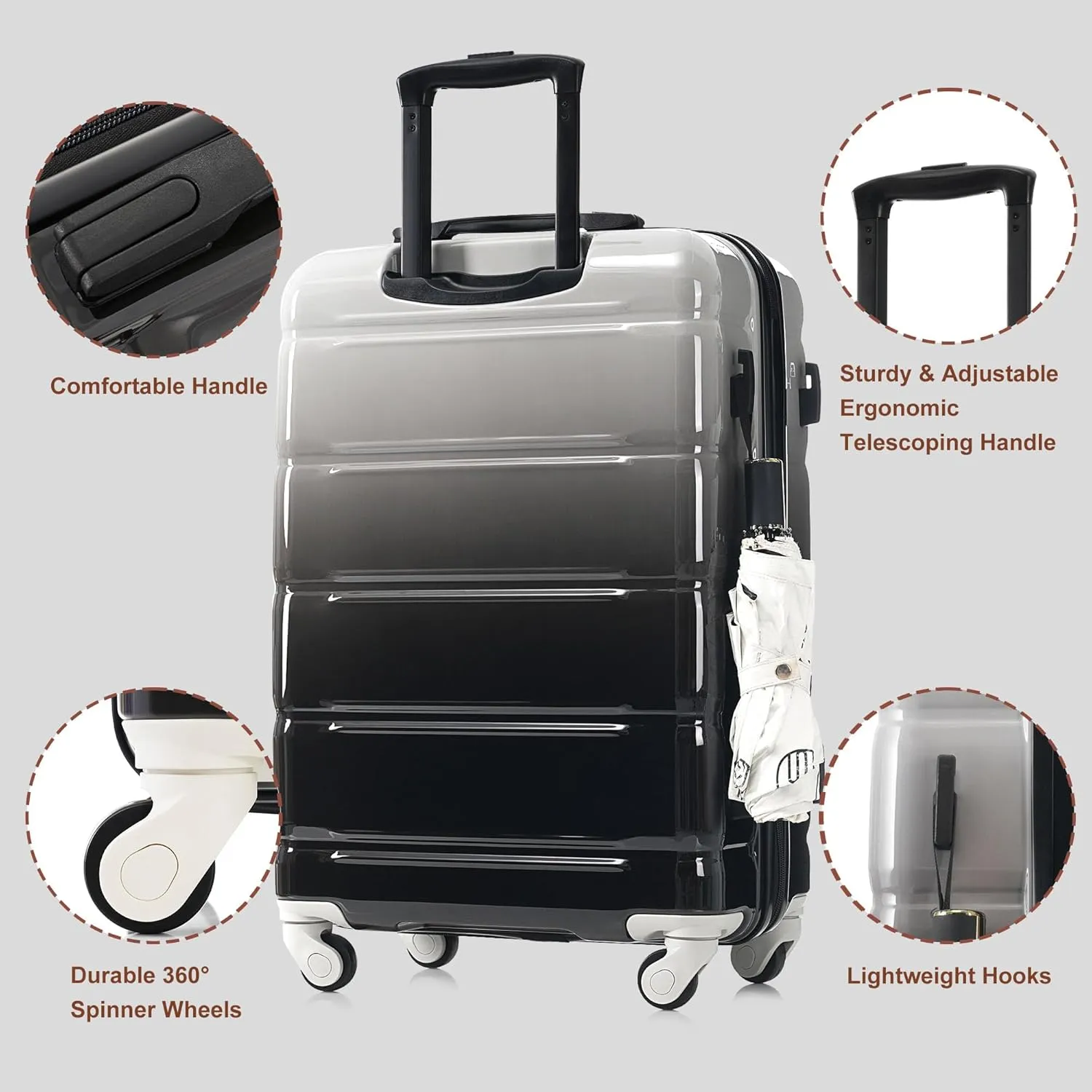 Merax Luggage Set of 3 with 20-inch Carry On USB Port Cup Holder ABS PC Hardshell Spinner Wheels TSA Approved Durable Expandable Suitcase for Travel Men Women (1, Black and Grey, 20"  24"  28")
