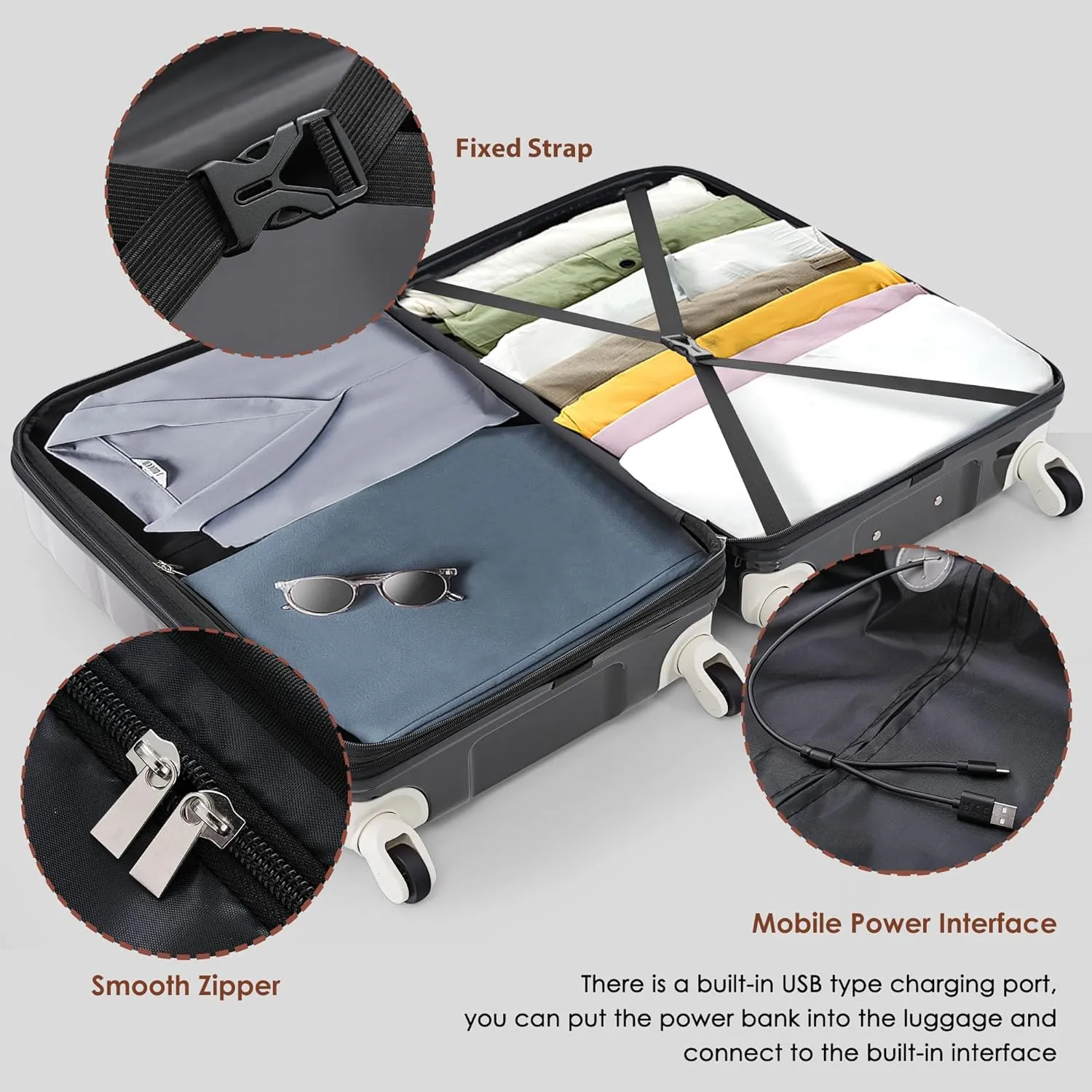 Merax Luggage Set of 3 with 20-inch Carry On USB Port Cup Holder ABS PC Hardshell Spinner Wheels TSA Approved Durable Expandable Suitcase for Travel Men Women (1, Black and Grey, 20"  24"  28")