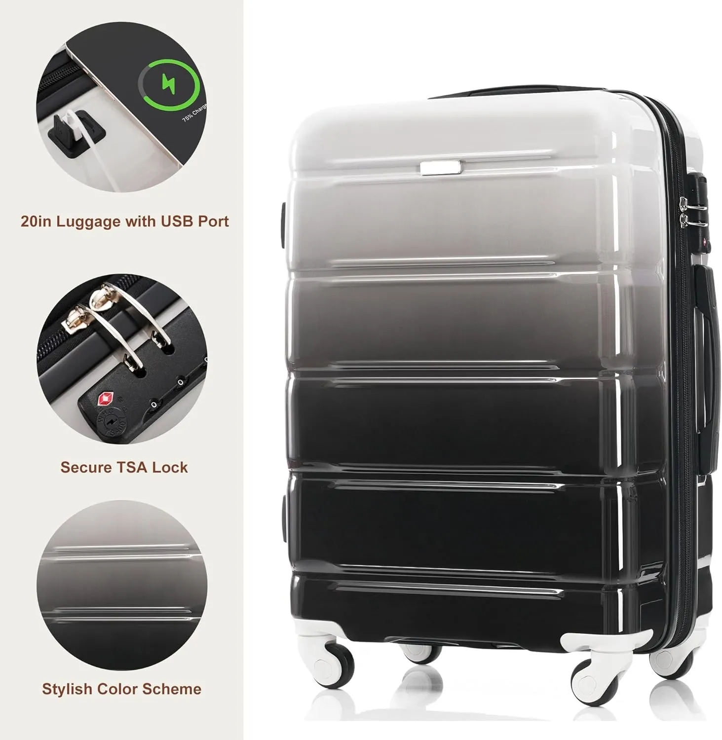 Merax Luggage Set of 3 with 20-inch Carry On USB Port Cup Holder ABS PC Hardshell Spinner Wheels TSA Approved Durable Expandable Suitcase for Travel Men Women (1, Black and Grey, 20"  24"  28")