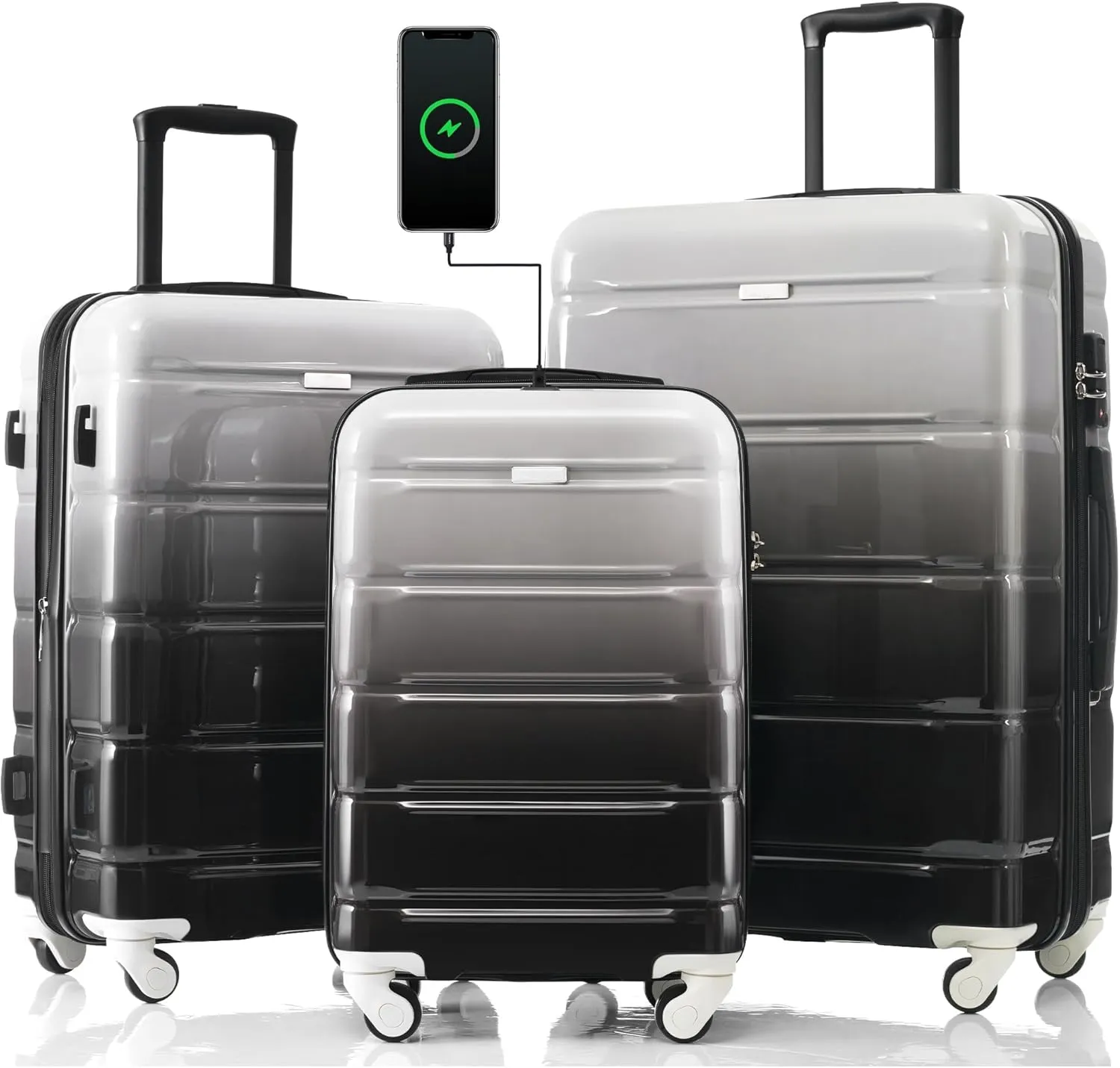 Merax Luggage Set of 3 with 20-inch Carry On USB Port Cup Holder ABS PC Hardshell Spinner Wheels TSA Approved Durable Expandable Suitcase for Travel Men Women (1, Black and Grey, 20"  24"  28")