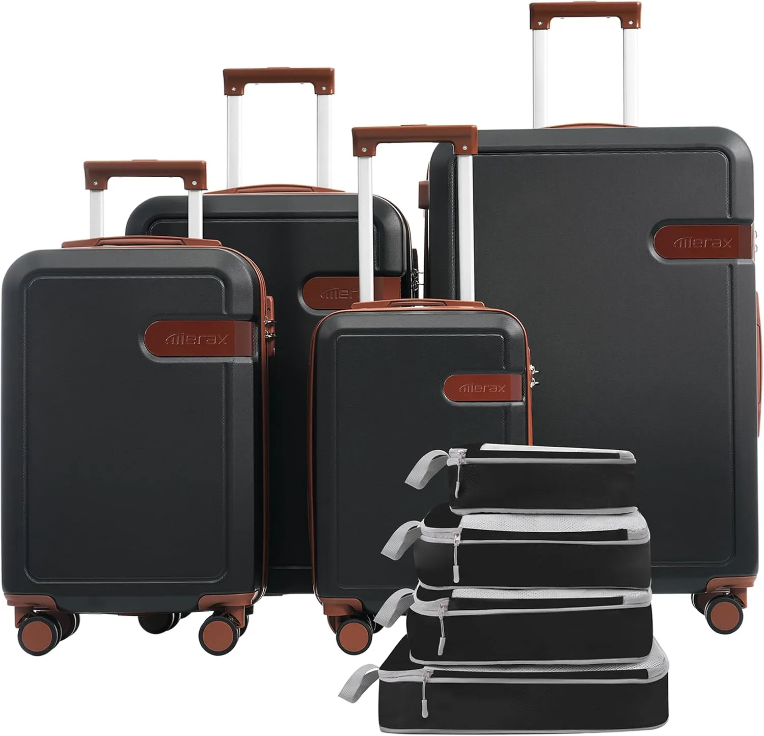 Merax Luggage Set with Compression Packing Cubes, 4 Piece Expanable Suitcase with Spinner Wheels, Lightweight Suitcase Set with TSA Lock, 16 IN 20IN 24IN 28IN,Black and Brown