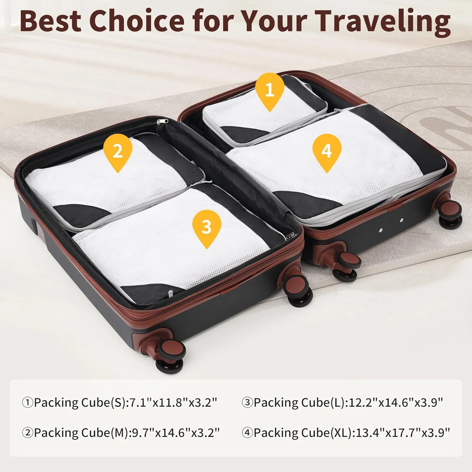 Merax Luggage Set with Compression Packing Cubes, 4 Piece Expanable Suitcase with Spinner Wheels, Lightweight Suitcase Set with TSA Lock, 16 IN 20IN 24IN 28IN,Black and Brown