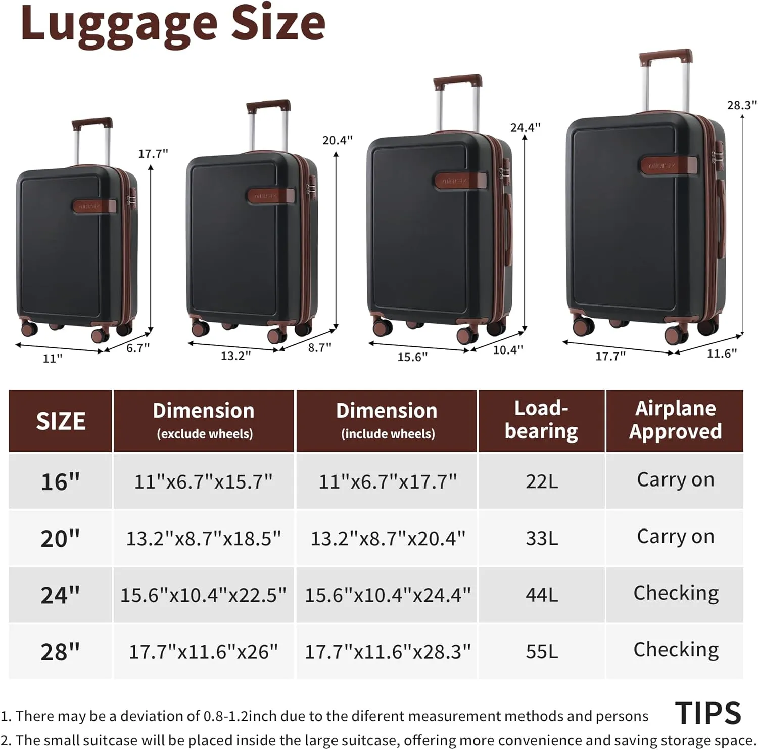 Merax Luggage Set with Compression Packing Cubes, 4 Piece Expanable Suitcase with Spinner Wheels, Lightweight Suitcase Set with TSA Lock, 16 IN 20IN 24IN 28IN,Black and Brown