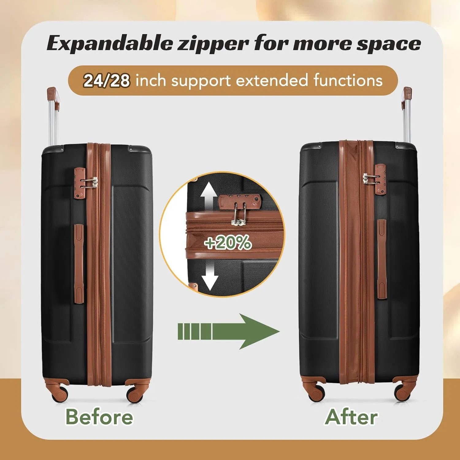 Merax Luggage Sets 2 Piece Suitcases with Wheels, Hardshell ABS Expandable and Lightweight, TSA Lock, Spinner Wheels, Carry On Luggage with Corner Guards (20 28 inch Black Brown)